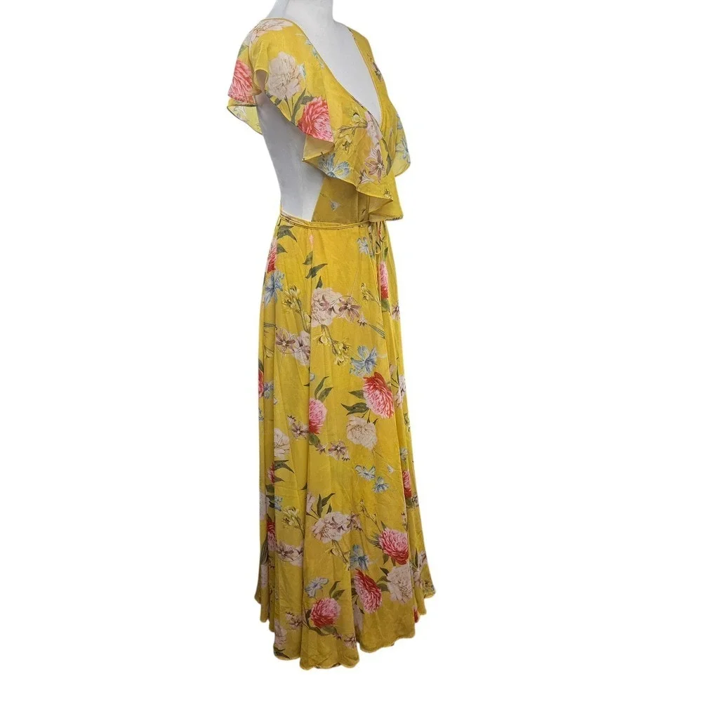 Yumi Kim Maxi Dress Small‎  Yellow Floral Ruffle V-Neck Open Back Boho Summer